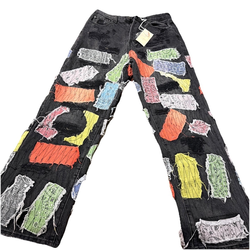 mnml Patchwork Flared Blue Denim Jeans Cotton 5-Pocket New with Tags 29x30